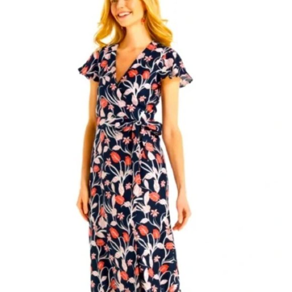 Draper James Floral Short Sleeve Wrap Linen Dress - Picture 2 of 12